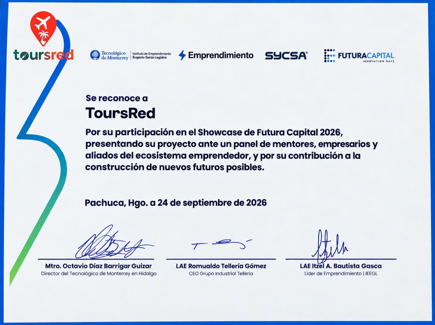 Official recognition awarded to ToursRed for its participation in the Futura Capital 2026 Showcase